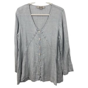 Flax Women's Gray/Blue Button-Up Top Lightweight Size Small 100% Linen